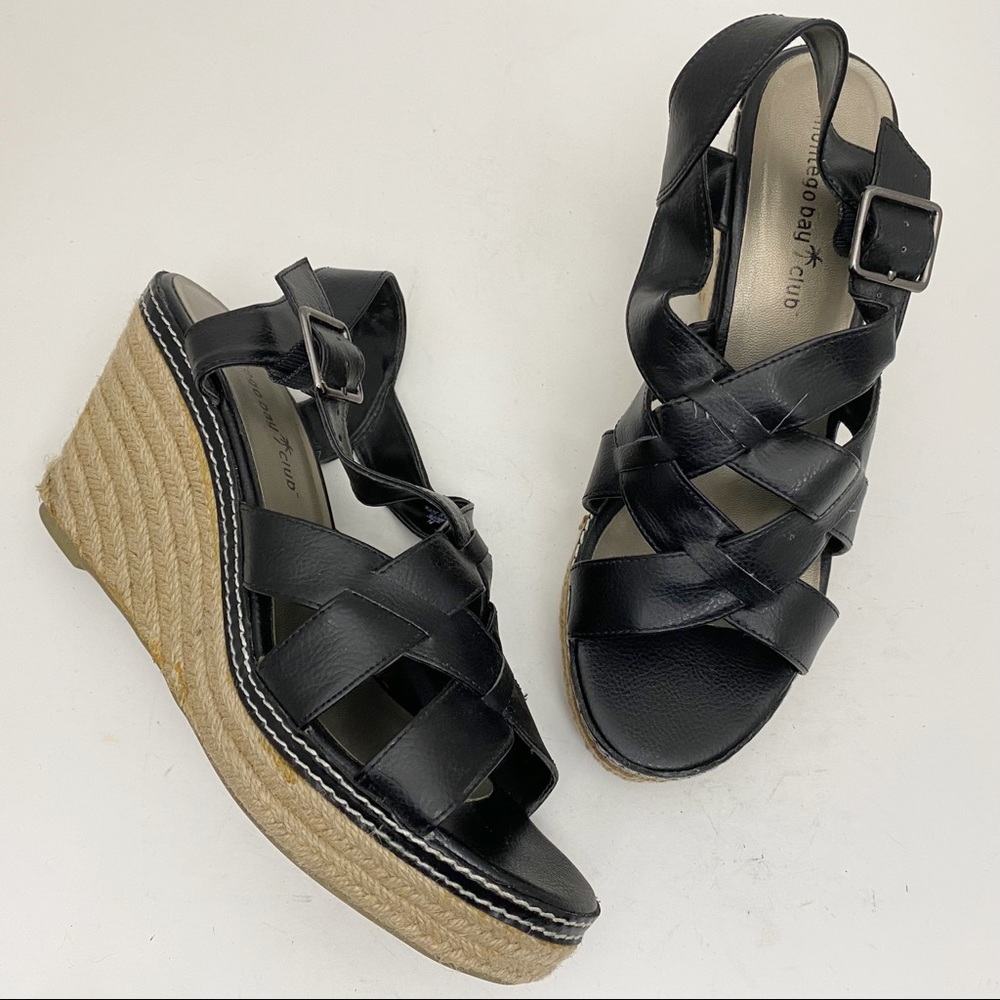 Montego Bay Club Espadrille Strappy Jute Wedge Sandals Womens 10 Black